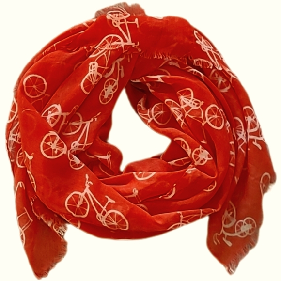 J. Crew Accessories - Bicycle Graphic Eyelash Fringe Persimmon Red Woven Material Scarf 82" L × 31" W